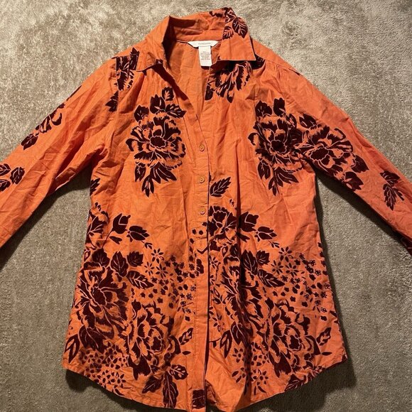 Sundance Button Up Shirt Women's Size XS Orange Burgundy Velvet Vignette Floral - Picture 2 of 8